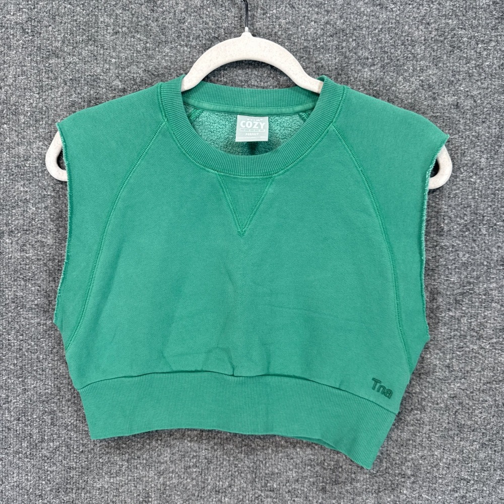 Tna Cozy Fleece Perfect Vest Women 2XS Green Cropped Sleeveless Sweatshirt Top